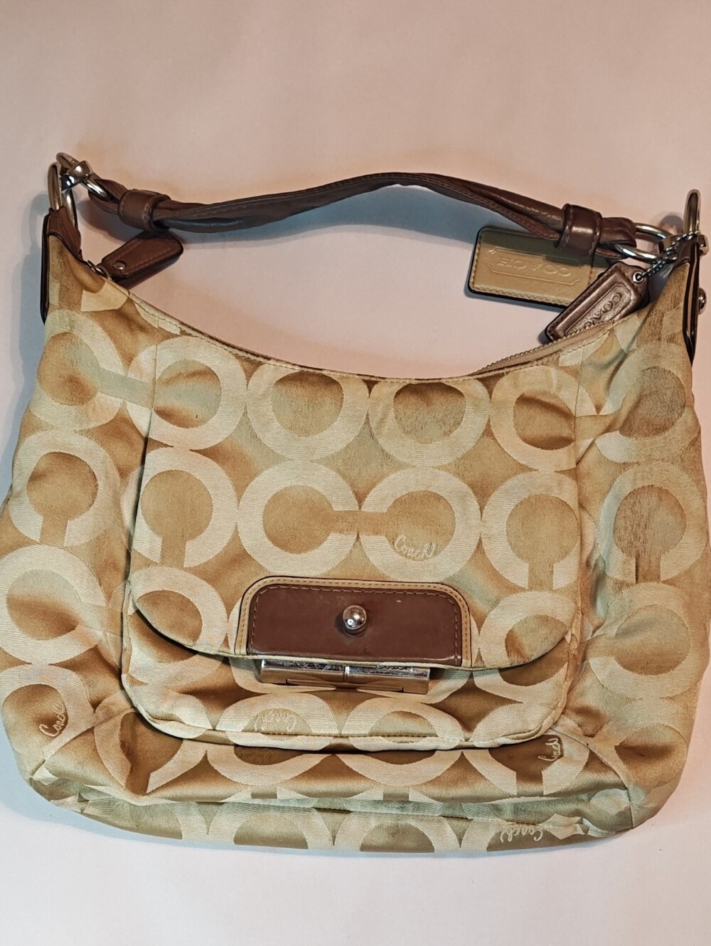 Coach Beige & Brown Signature Canvas Shoulder Bag